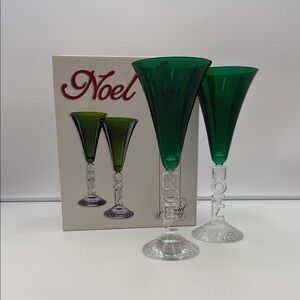 NOEL Cristal d'Arques Champagne Glass Fluted Wine Set of 2 Green Crystal in Box